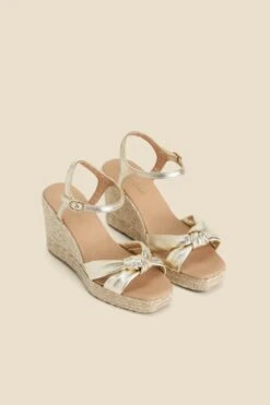 Gold Leather Knot Detail Wedge Espadrilles -Sosandar Fashion Store web 2402 box s24fw031mc0003 b