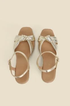 Gold Leather Knot Detail Wedge Espadrilles -Sosandar Fashion Store web 2402 box s24fw031mc0003 c