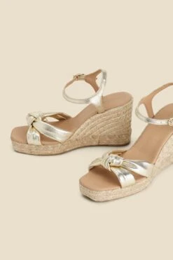 Gold Leather Knot Detail Wedge Espadrilles -Sosandar Fashion Store web 2402 box s24fw031mc0003 d