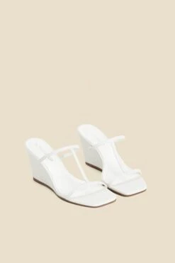 White Leather Square Toe Strappy Wedged Mules