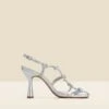 Silver Leather Knot Detail Flared Heel Sandals -Sosandar Fashion Store web 2402 box s24fw039mc0005 a