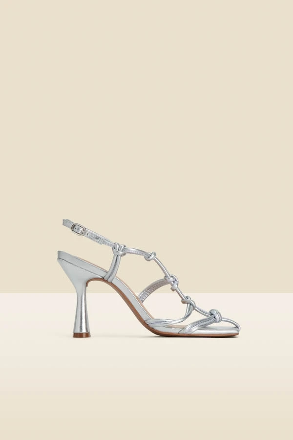 Silver Leather Knot Detail Flared Heel Sandals 3 Silver Leather Knot Detail Flared Heel Sandals