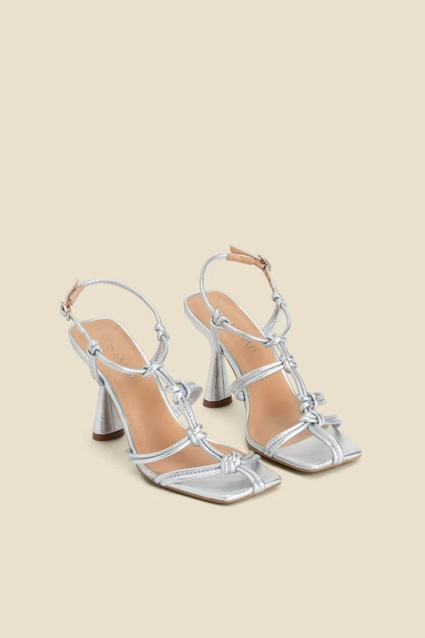 Silver Leather Knot Detail Flared Heel Sandals 4 Silver Leather Knot Detail Flared Heel Sandals - Image 2