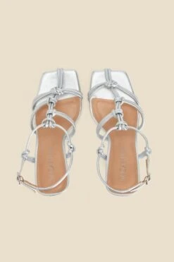 Silver Leather Knot Detail Flared Heel Sandals 8 Silver Leather Knot Detail Flared Heel Sandals -Sosandar Fashion Store web 2402 box s24fw039mc0005 c