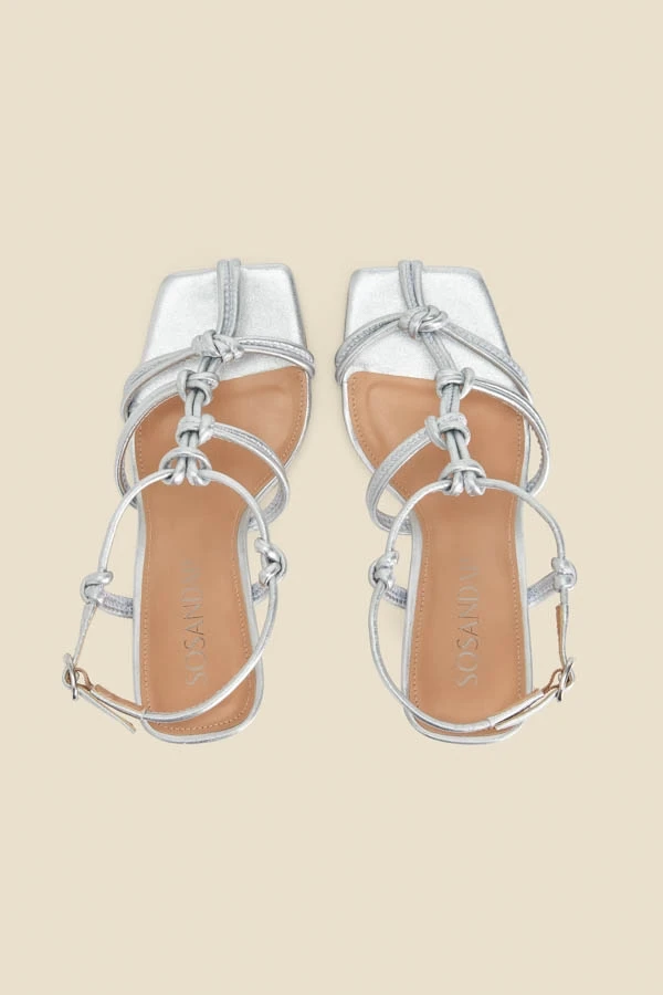 Silver Leather Knot Detail Flared Heel Sandals 5 Silver Leather Knot Detail Flared Heel Sandals - Image 3