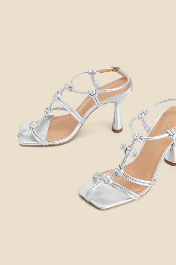 Silver Leather Knot Detail Flared Heel Sandals 6 Silver Leather Knot Detail Flared Heel Sandals - Image 4