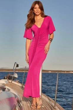 Purple Ruched Detail Angel Sleeve Maxi Dress -Sosandar Fashion Store web 2403 102 s24dj068pe0015 102 046 2 rt2 1