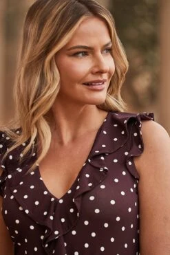 Chocolate Brown Spot Print Ruffle Detail Wide Leg Jersey Jumpsuit -Sosandar Fashion Store web 2403 128 s24jj020brsp01 128 051