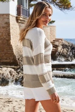 Natural & White Stripe Stitch Detail Jumper 11 Natural & White Stripe Stitch Detail Jumper -Sosandar Fashion Store web 2403 132 s24tk647nl0003 132 128 rt