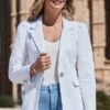 White Denim Ruched Shoulder Blazer 2 White Denim Ruched Shoulder Blazer -Sosandar Fashion Store web 2403 150 s23od001we0001 150 003 rt 1