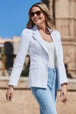 White Denim Ruched Shoulder Blazer -Sosandar Fashion Store web 2403 150 s23od001we0001 150 047 rt 1