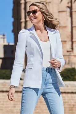 Petite White Denim Ruched Shoulder Blazer -Sosandar Fashion Store web 2403 150 s23od001we0001 150 065 rt 2
