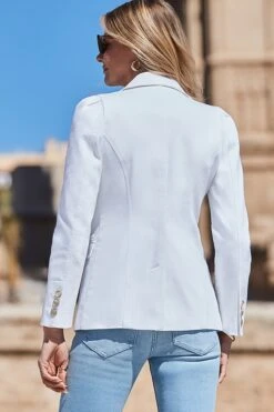 White Denim Ruched Shoulder Blazer -Sosandar Fashion Store web 2403 150 s23od001we0001 150 113 rt 1