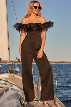 Black Organza Ruffle Wide Leg Bardot Jumpsuit