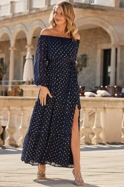 Navy Blue & Gold Metallic Spot Tiered Hem Bardot Maxi Dress