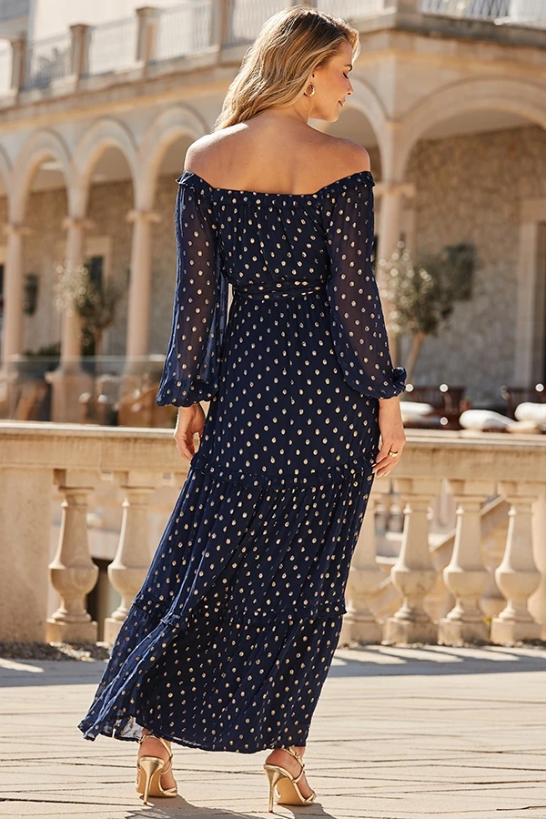 Navy Blue & Gold Metallic Spot Tiered Hem Bardot Maxi Dress 5 Navy Blue & Gold Metallic Spot Tiered Hem Bardot Maxi Dress - Image 3