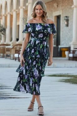 Black Floral Print Pleated Detail Bardot Dress
