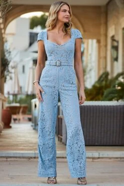 Powder Blue Luxe Lace Belted Jumpsuit 10 Powder Blue Luxe Lace Belted Jumpsuit -Sosandar Fashion Store web 2403 33 s24jw017be0002 33 012 rt