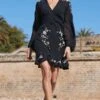 Black Embroidered Floral Detail Ruffle Hem Dress