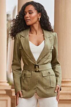 Khaki Green Belted Utility Blazer 10 Khaki Green Belted Utility Blazer -Sosandar Fashion Store web 2403 48 s24ow086gn0002 48 3043 rt