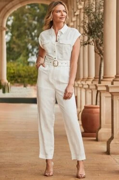 Ivory Linen Blend Utility Jumpsuit