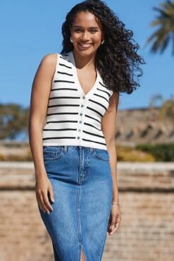 Ivory & Black Stripe Knitted Waistcoat -Sosandar Fashion Store web 2403 54 s24tk636bkwe01 54 130 rt