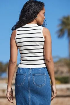 Ivory & Black Stripe Knitted Waistcoat -Sosandar Fashion Store web 2403 54 s24tk636bkwe01 54 163 rt