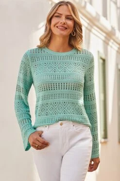 Aqua Pointelle Crochet Fine Knit Jumper -Sosandar Fashion Store web 2403 69 s24tk731be0060 69 20126