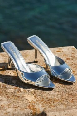 Silver Leather Flared Heel Pointed Toe Mules