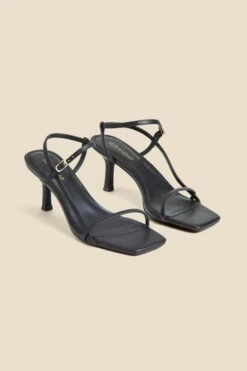 Black Leather Mid Heel Square Toe Sandals -Sosandar Fashion Store web 2403 box s24fw013bk0001 1