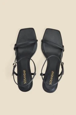 Black Leather Mid Heel Square Toe Sandals -Sosandar Fashion Store web 2403 box s24fw013bk0001 3