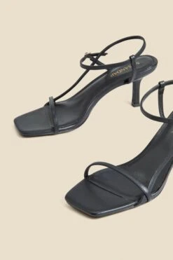 Black Leather Mid Heel Square Toe Sandals -Sosandar Fashion Store web 2403 box s24fw013bk0001 4