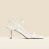 White Leather Mid Heel Square Toe Sandals