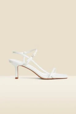 White Leather Mid Heel Square Toe Sandals