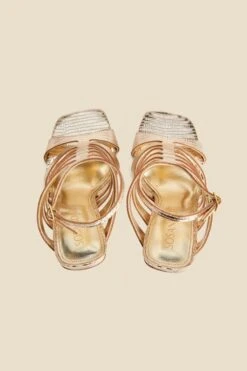 Gold Leather Gladiator Square Toe Strap Sandals -Sosandar Fashion Store web 2403 box s24fw035 3