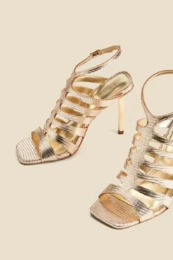Gold Leather Gladiator Square Toe Strap Sandals -Sosandar Fashion Store web 2403 box s24fw035 4