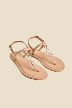 Tan Leather Trim Detail Toe Post Flat Sandals