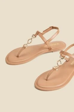 Tan Leather Trim Detail Toe Post Flat Sandals -Sosandar Fashion Store web 2403 box s24fw045bn0004 4