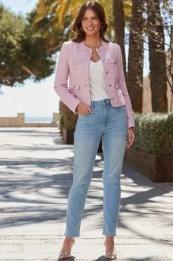 Soft Pink Boucle Jacket With Gold Buttons