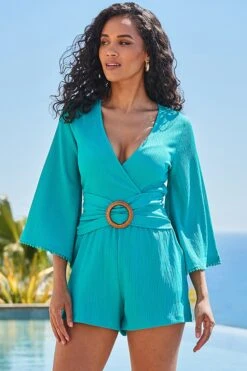 Green Crinkle Flared Sleeve Jersey Playsuit