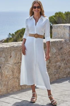 White Linen Blend Midi Shirt Dress With Raffia Belt 10 White Linen Blend Midi Shirt Dress With Raffia Belt -Sosandar Fashion Store web 2404 143 s24dw105we0001 143 002