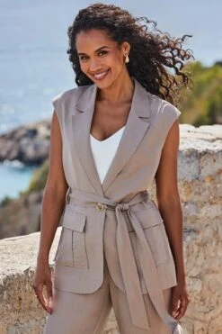 Natural Linen Blend Longline Belted Waistcoat