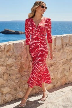 Red Spot Print Twist Front Ruched Sleeve Fit & Flare Dress -Sosandar Fashion Store web 2404 17 a23dj095rdsp01 17 040 rt