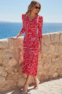 Red Spot Print Twist Front Ruched Sleeve Fit & Flare Dress -Sosandar Fashion Store web 2404 17 a23dj095rdsp01 17 083 rt