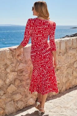 Red Spot Print Twist Front Ruched Sleeve Fit & Flare Dress -Sosandar Fashion Store web 2404 17 a23dj095rdsp01 17 124 rt