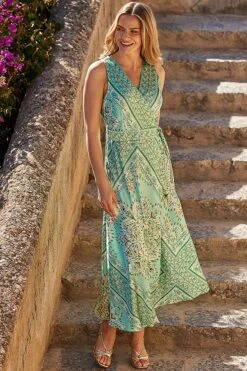 Green Scarf Print Satin Wrap Front Midi Dress -Sosandar Fashion Store web 2404 25 s24dw156gn0016 25 061