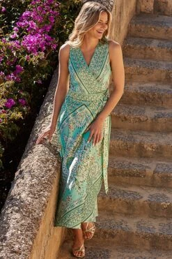 Green Scarf Print Satin Wrap Front Midi Dress -Sosandar Fashion Store web 2404 25 s24dw156gn0016 25 119