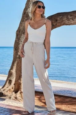 Natural Drawstring Waist Wide Leg Trousers