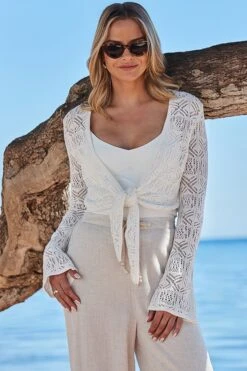 Ivory Crochet Fluted Sleeve Tie Front Cardigan