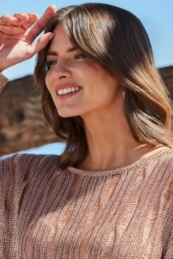 Rose Gold Metallic Ladder Stitch Jumper -Sosandar Fashion Store web 2404 40 s24tk490pk0014 40 141